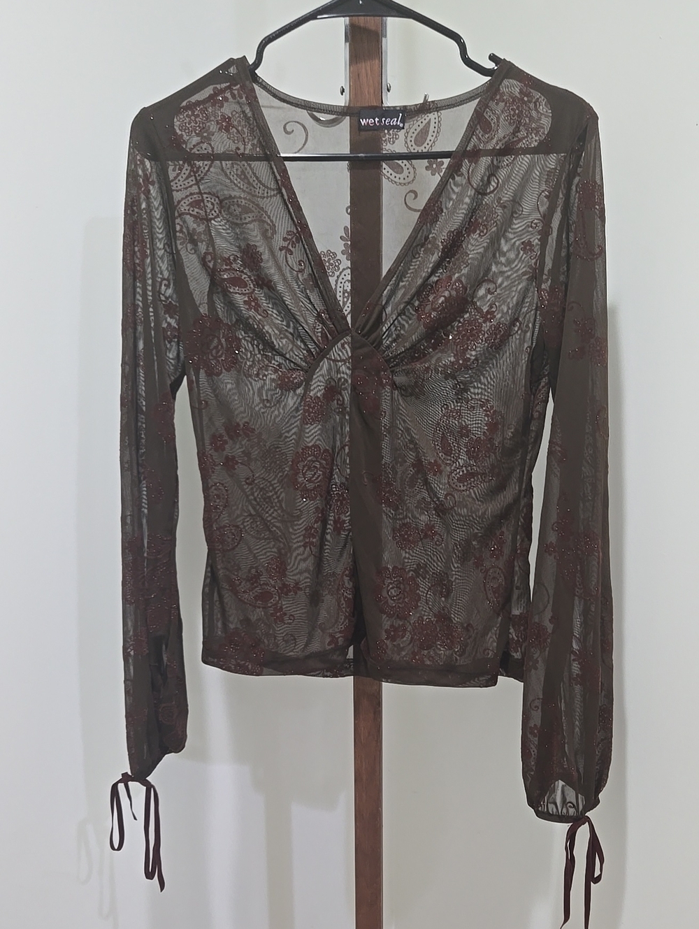 Vintage Y2K Wet Seal Sheer Sparkle Floral Scrunch Top Size Large MADE IN USA